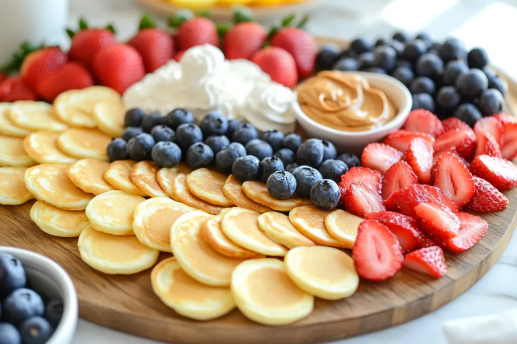 Pillsbury mini pancakes breakfast board with fruits and syrup.