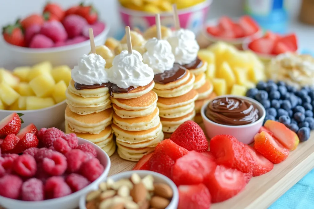 Mini pancake breakfast board with fruits and toppings.