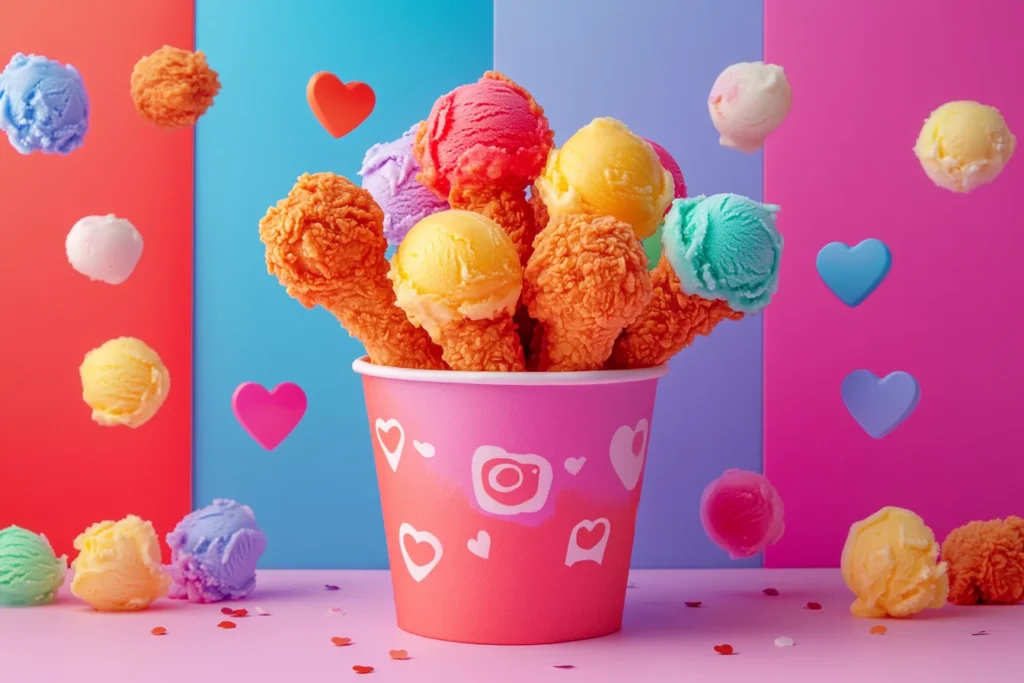 Viral fried chicken ice cream bucket with social media icons.