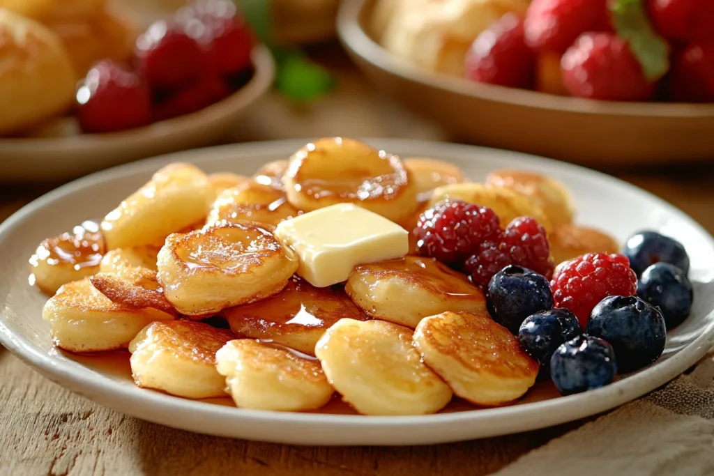 Golden brown Pillsbury mini pancakes served with syrup and berries.