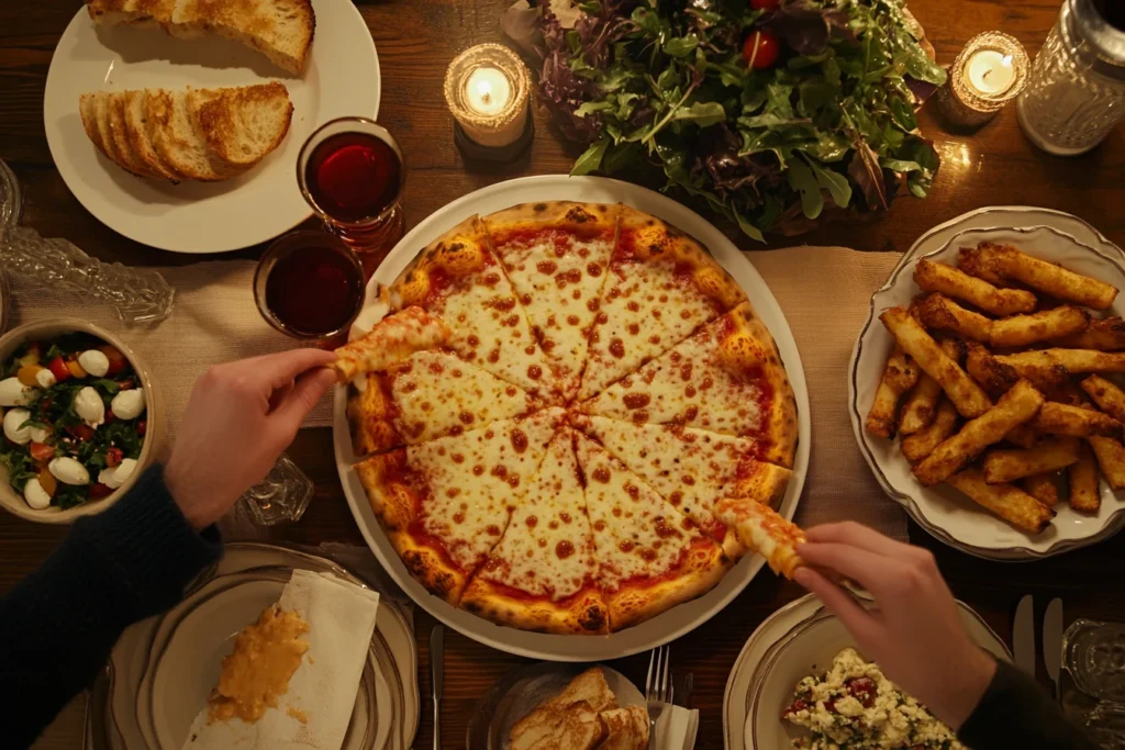 A 10-inch pizza with side dishes like garlic bread and salad.