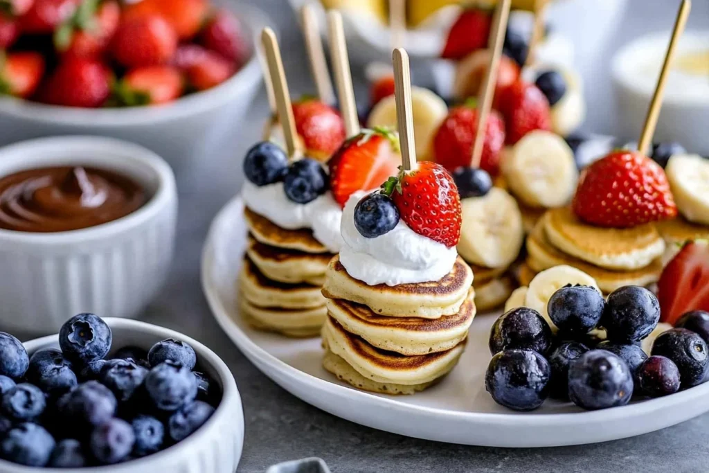 Mini pancake skewers with fruit and dip