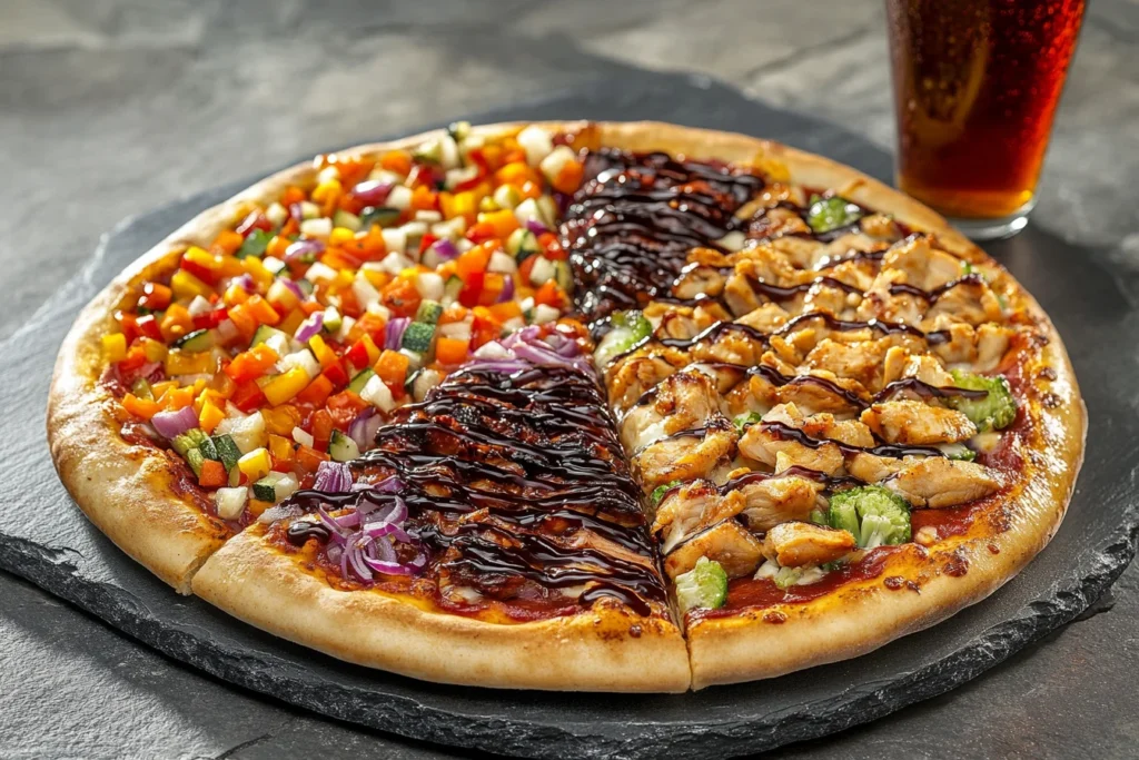 A split 12-inch pizza with different toppings.