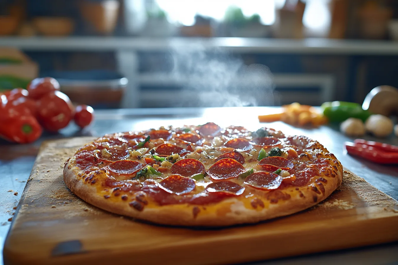 A freshly baked 12-inch pizza on a wooden board with toppings.