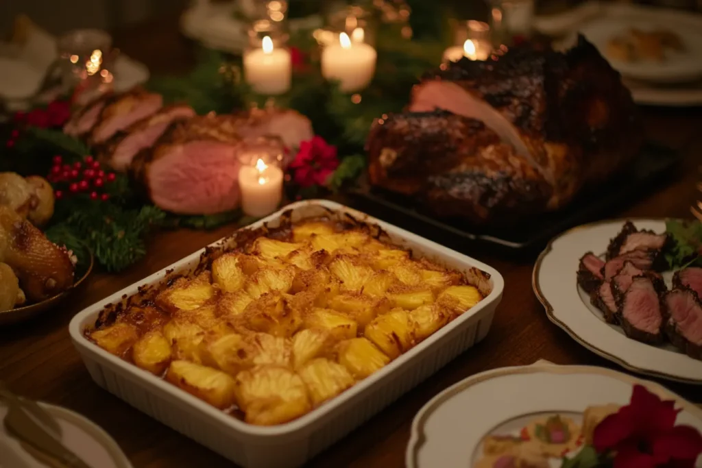 Pineapple casserole served with glazed beef and roast chicken on a festive table.