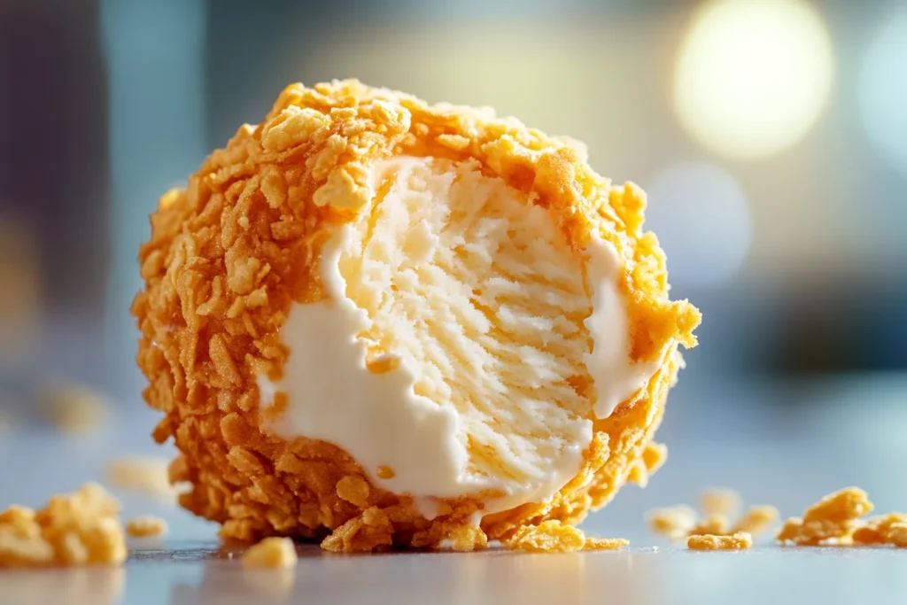 Half-bitten not fried chicken ice cream showing the creamy center.