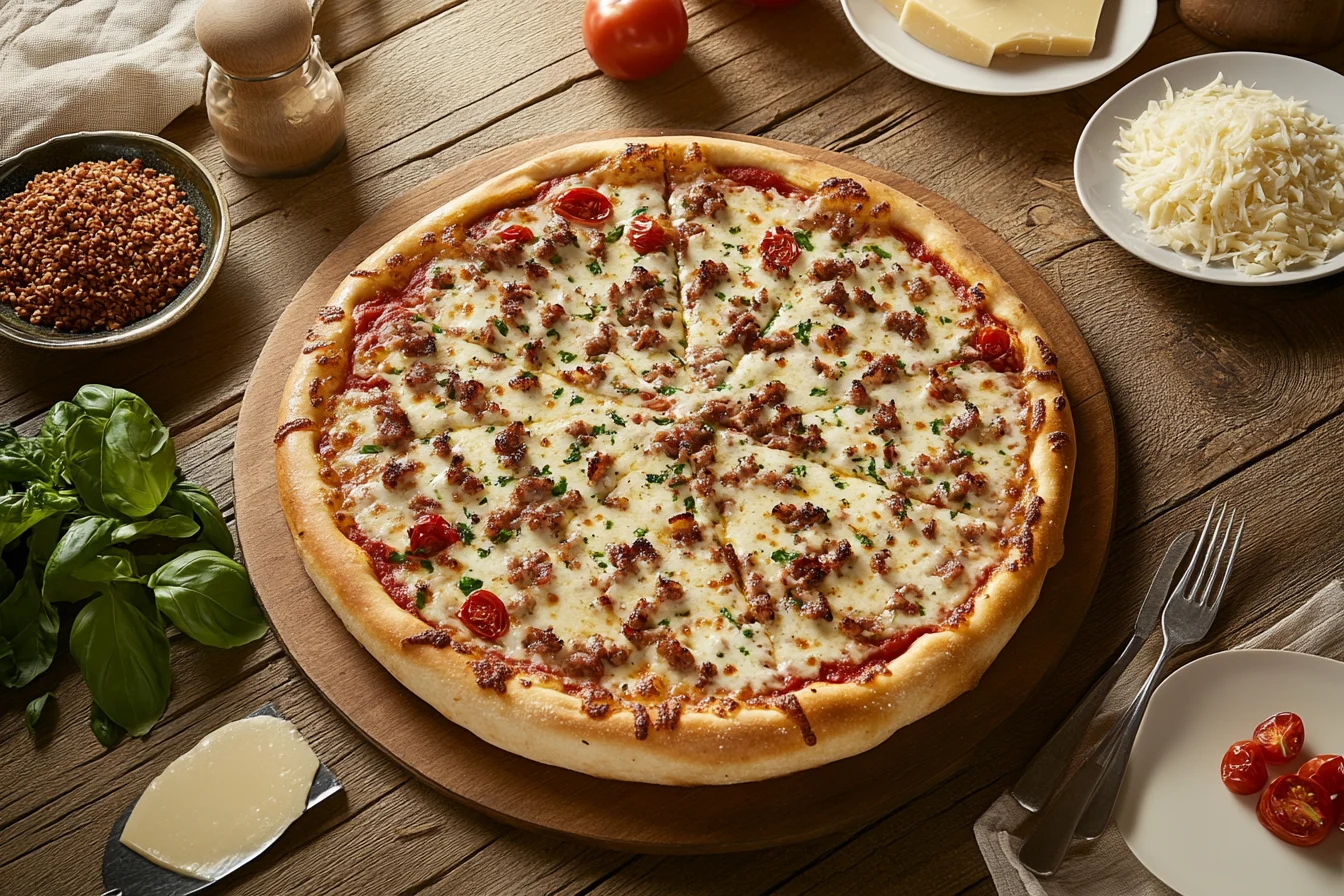 Freshly baked 12-inch pizza on a wooden table.