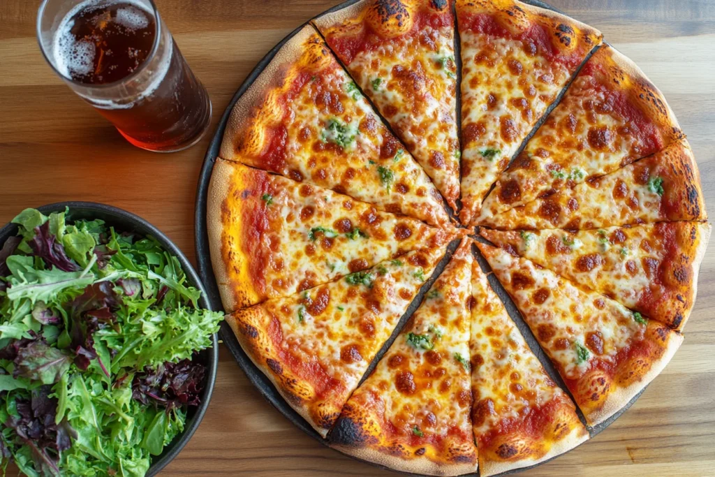 Freshly baked 12-inch pizza on a wooden table