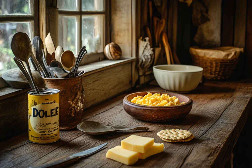 Vintage Southern kitchen setup with pineapple casserole ingredients
