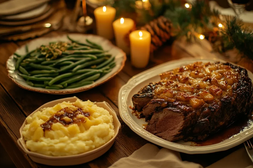 A holiday dinner table featuring pineapple casserole with bread next to a glazed beef.