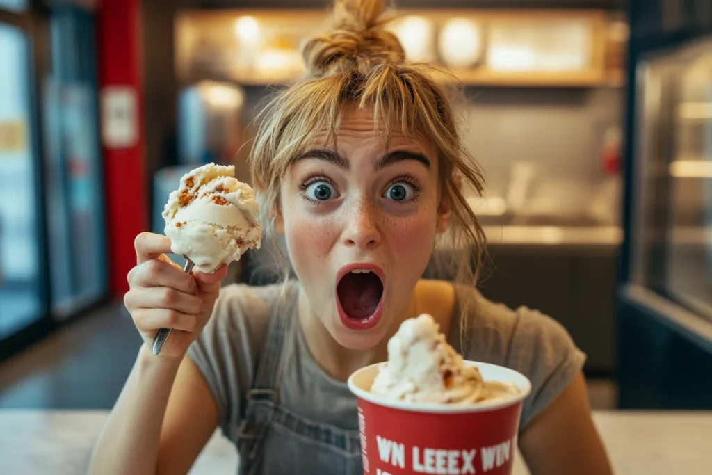 A person reacting while taste-testing Not Fried Chicken Ice Cream.