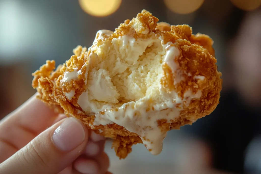 A person biting into fried chicken ice cream showing the inside
