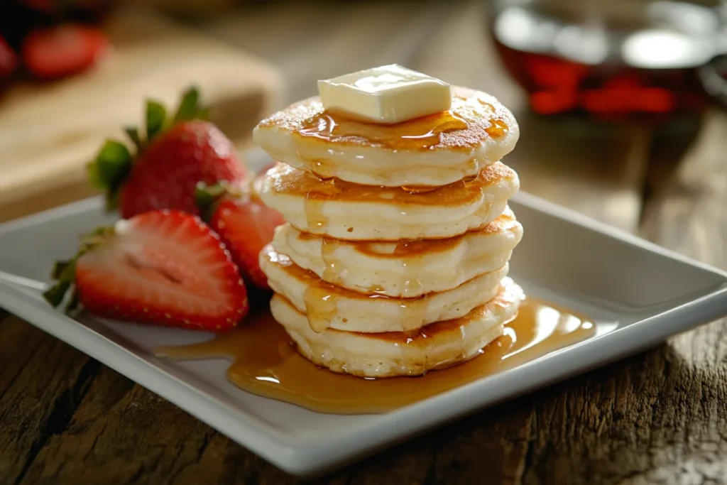 Fluffy mini pancakes with syrup and butter.