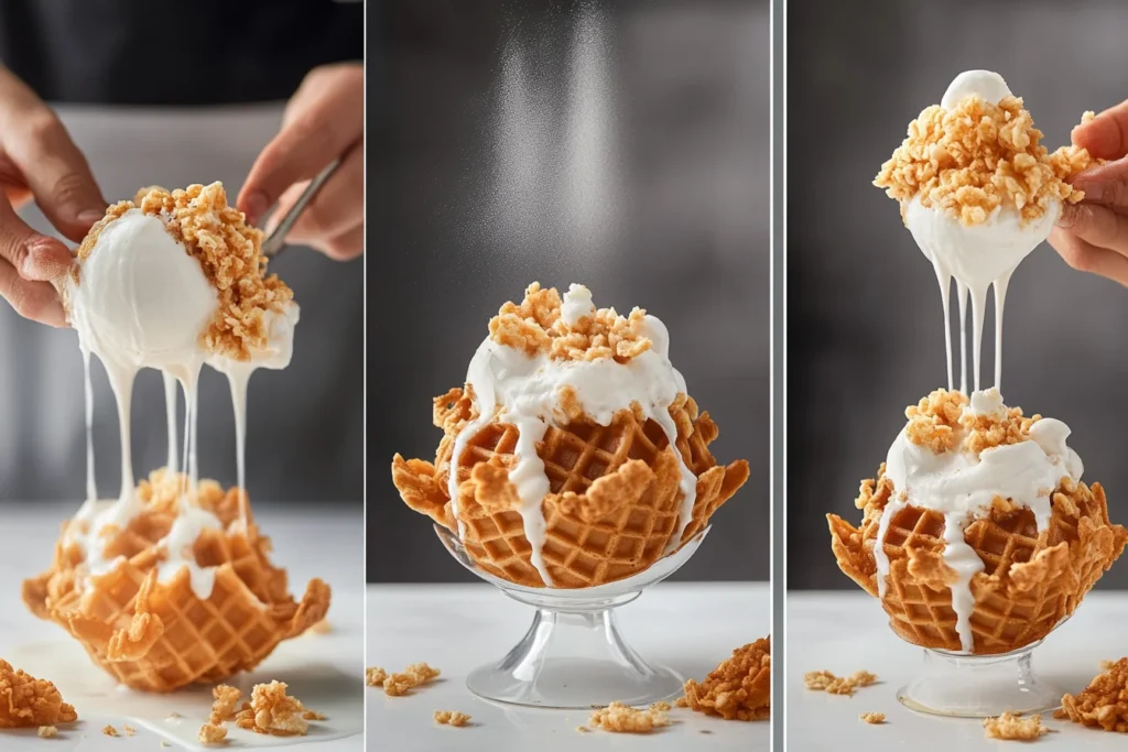 Step-by-step process of making fried chicken ice cream.