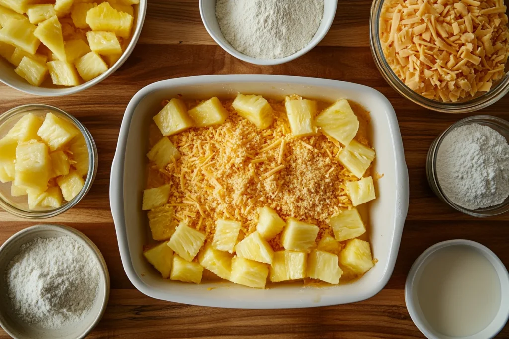Ingredients for making pineapple casserole neatly arranged on a wooden countertop.