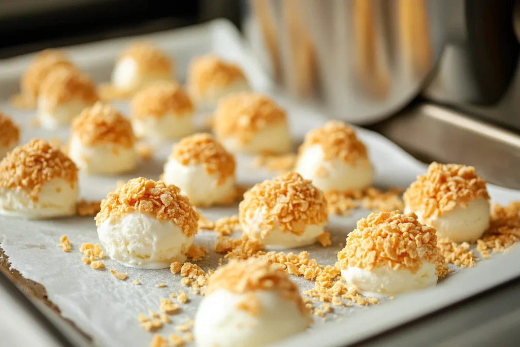 Preparing not fried chicken ice cream with cornflake coating.