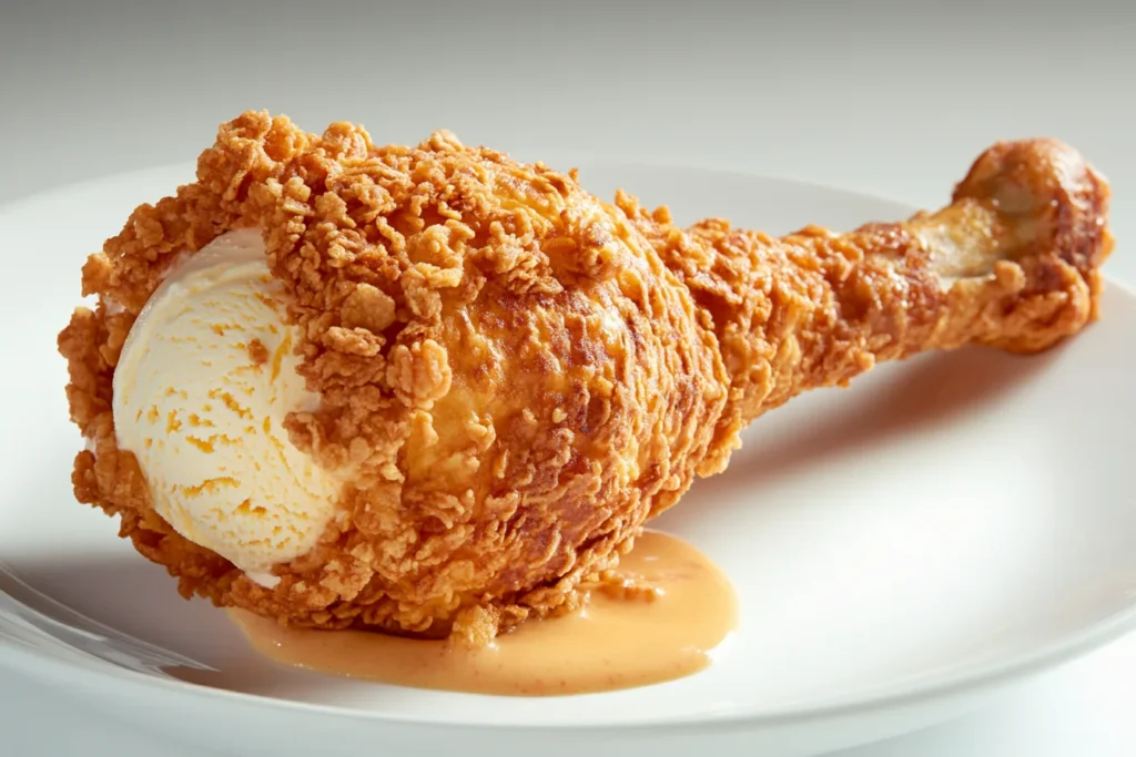 A realistic fried chicken ice cream dessert with a chocolate cookie bone.