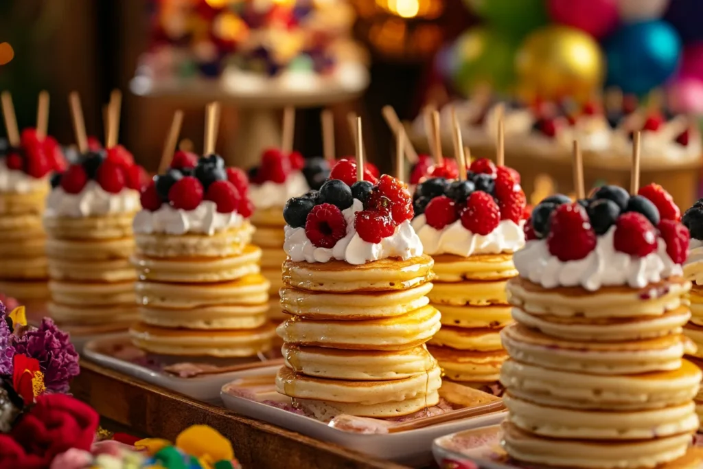 Mini pancake cups with toppings at a party