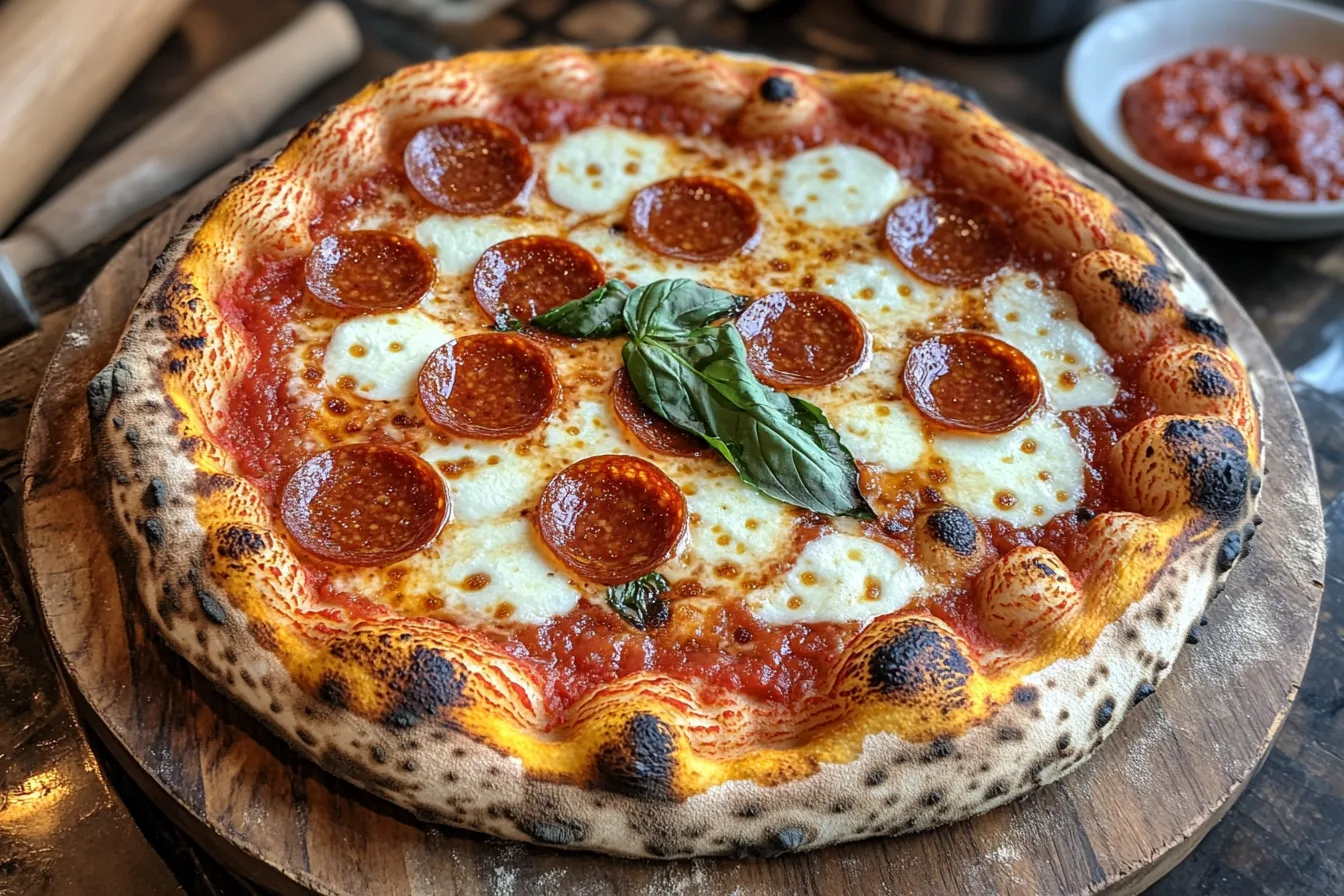 Freshly baked 12 inch pizza with golden crust and basil