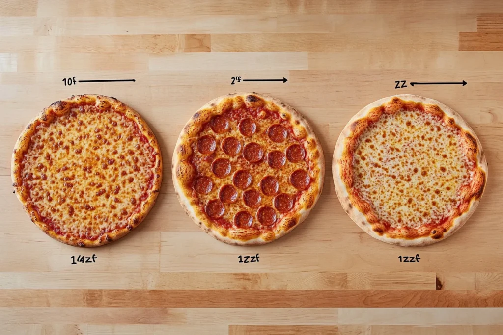 Comparison of 10-inch, 12-inch, and 14-inch pizzas side by side