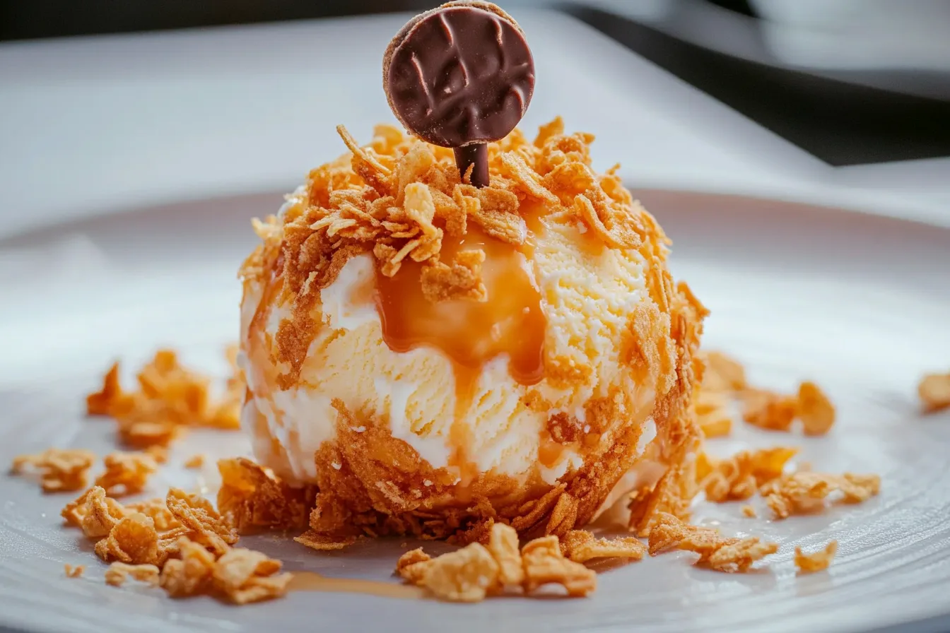 Close-up of not fried chicken ice cream with a crispy coating.