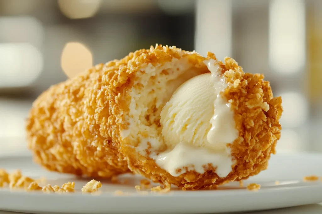 Close-up of fried chicken ice cream drumstick with a bite taken out.