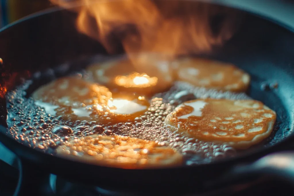 Mini pancakes cooking on a skillet.