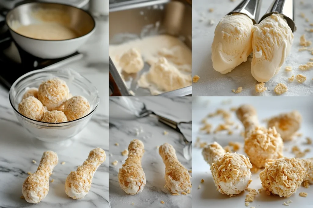 Step-by-step process of making fried chicken ice cream drumsticks.
