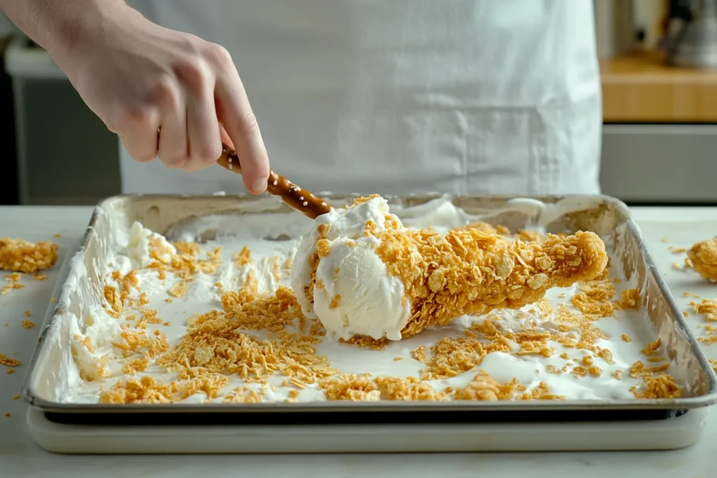 Step-by-step process of making fried chicken ice cream