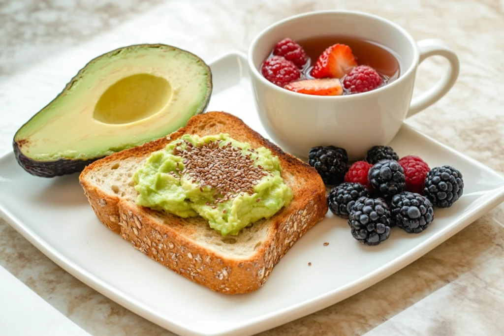 A fiber-rich breakfast with avocado toast on high-fiber bread.