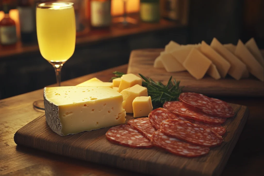 Cheese and wine pairing with salami on a wooden board