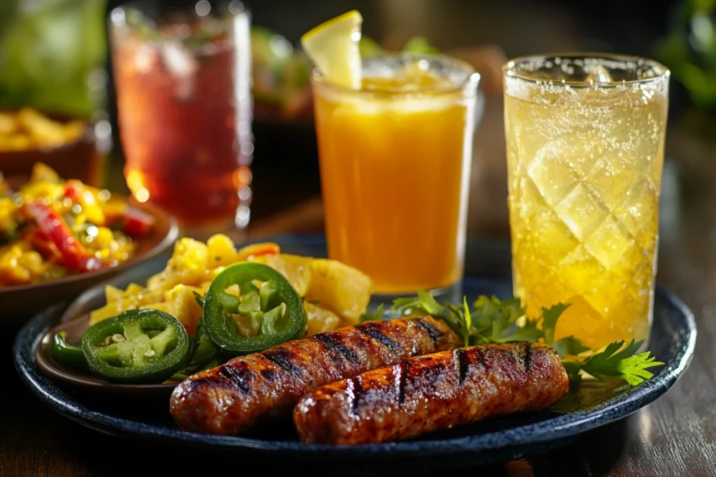 Sparkling lemonade, mango juice, and iced tea served alongside a plate of spicy sausage.