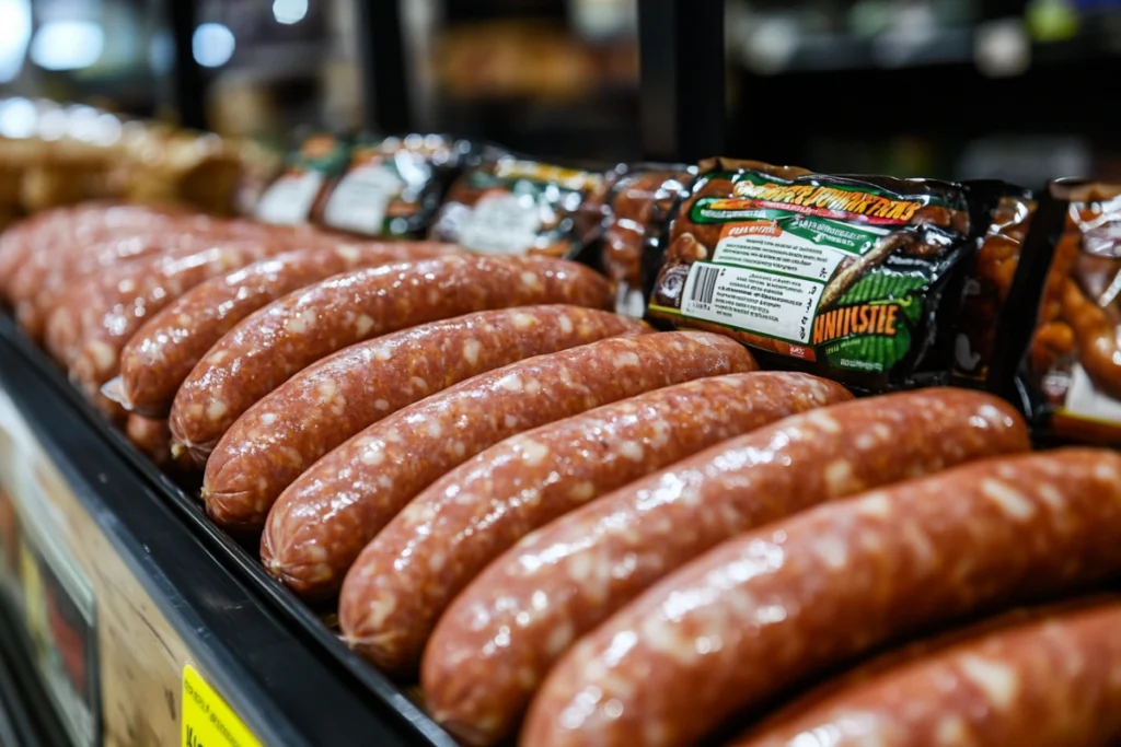 Grocery store shelf with jalapeño cheddar sausage packages