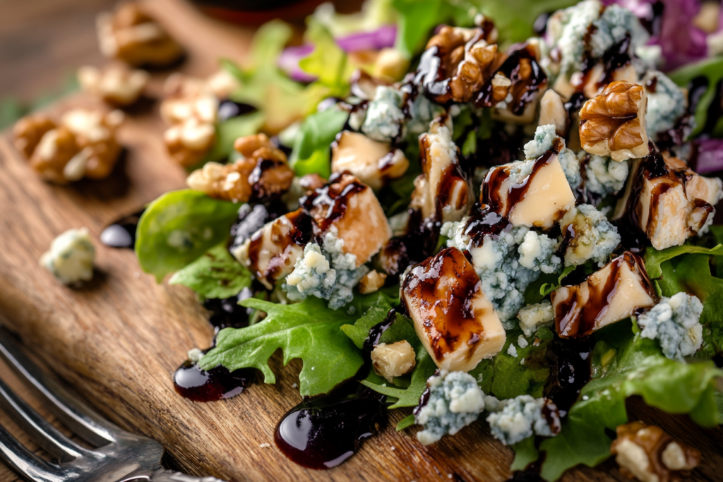 Blue cheese crumbles on a wooden board with salad greens and walnuts