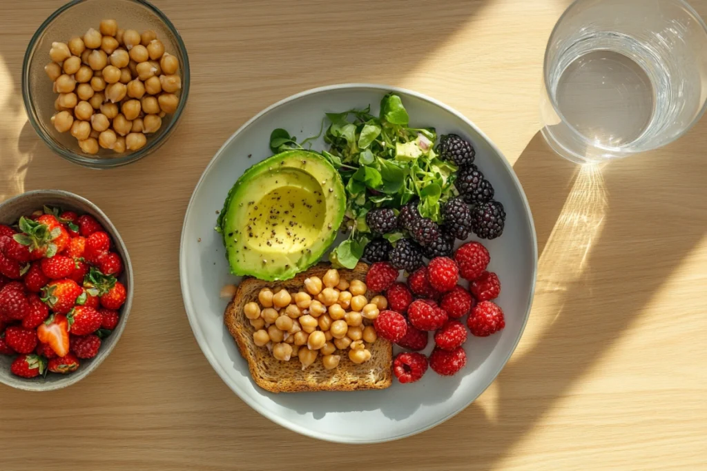 A healthy fiber-rich meal with whole grain bread and fresh produce.