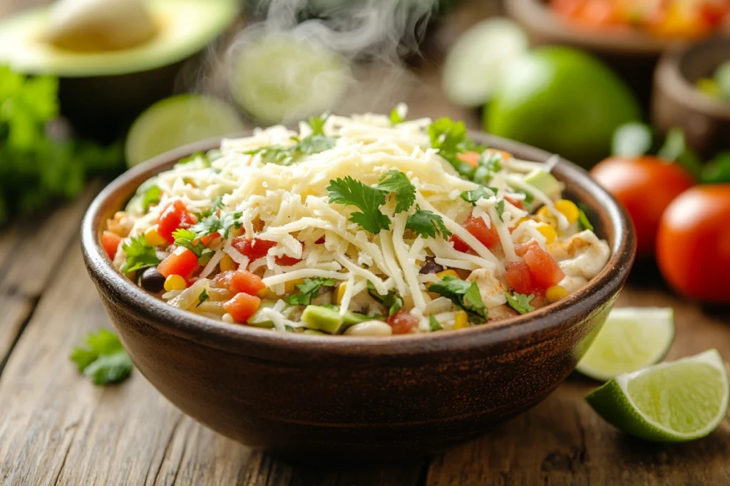 Fresh Chipotle burrito bowl with Monterey Jack and white cheddar cheese