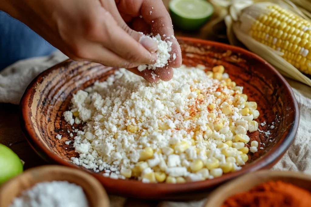 Hands crumbling Cotija cheese over Mexican street corn.