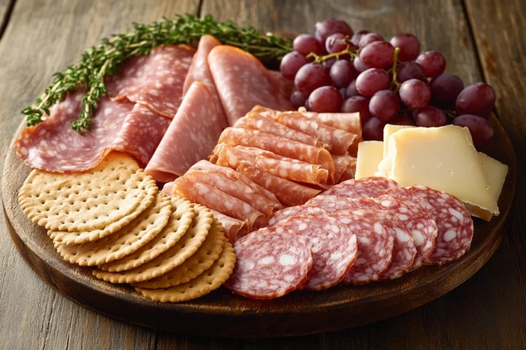 Pork-free salami platter with cheese and crackers