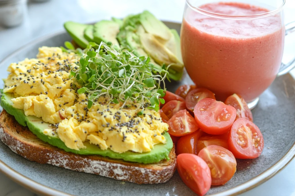 A healthy breakfast with high fiber bread topped with avocado and eggs.
