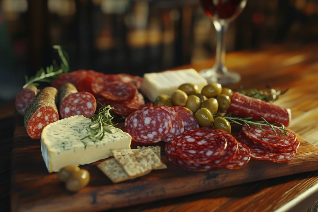 What are the 2 types of salami? A gourmet charcuterie board featuring dry-cured and fresh salami