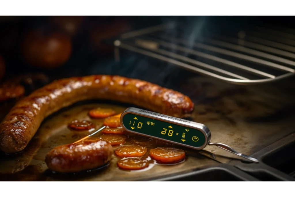 Checking jalapeño cheddar sausage temperature.