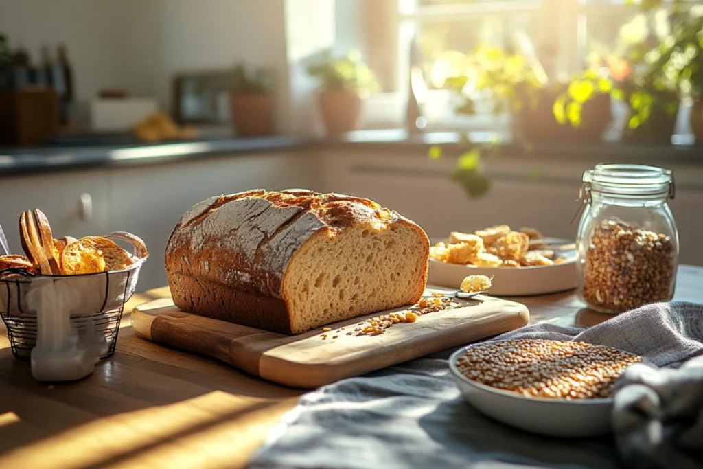 Freshly baked high fiber bread on a breakfast table with grains.