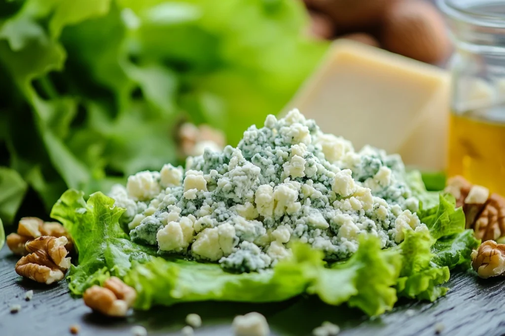 Crumble blue cheese on a fresh salad
