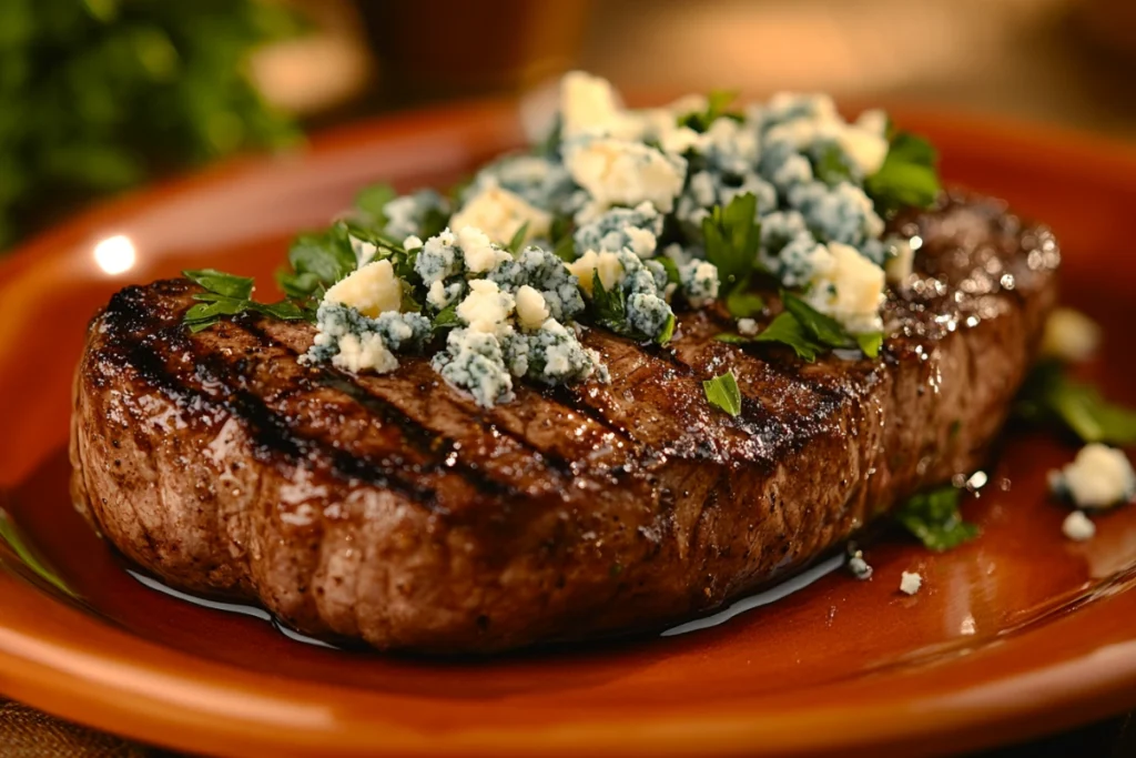 Blue cheese crumbles on steak