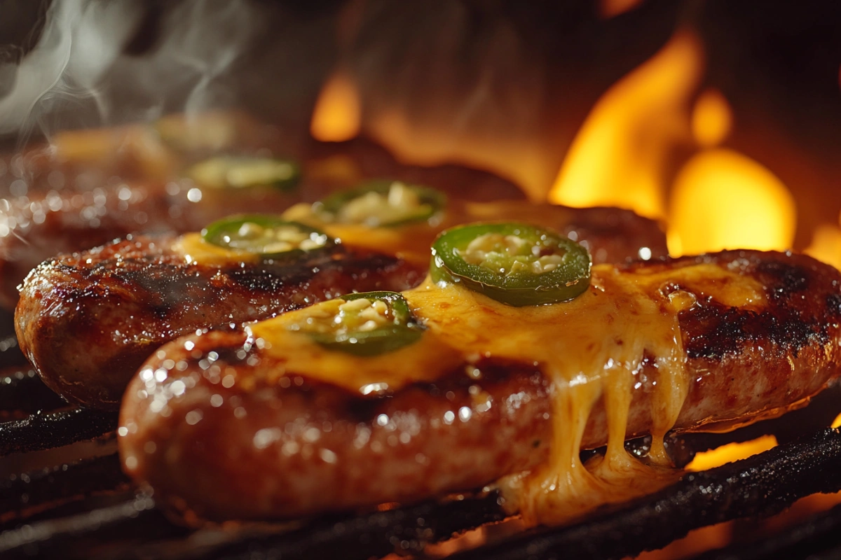 Juicy jalapeño cheddar sausages sizzling on a grill