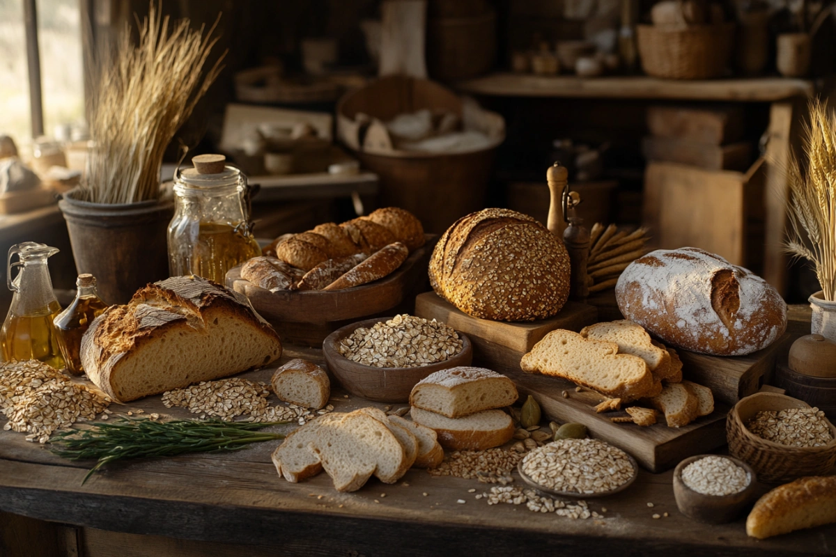 A variety of high-fiber breads displayed on a wooden table.