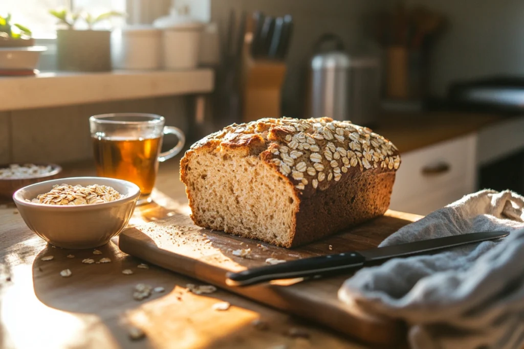 Homemade high fiber bread cooling on a wooden counter.