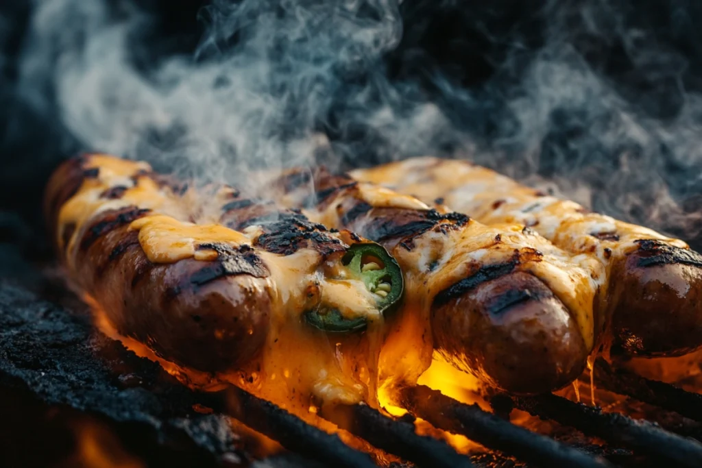 Grilled jalapeño cheddar sausage on a barbecue grill.