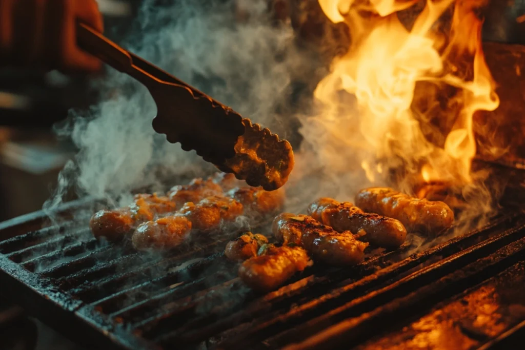 Grilling jalapeño cheddar sausages with tongs