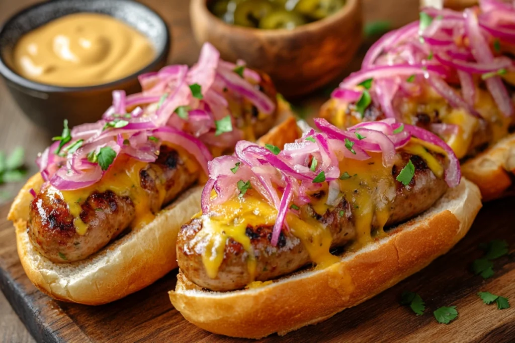 Jalapeño cheddar sausage sliders with pickled onions and mustard.